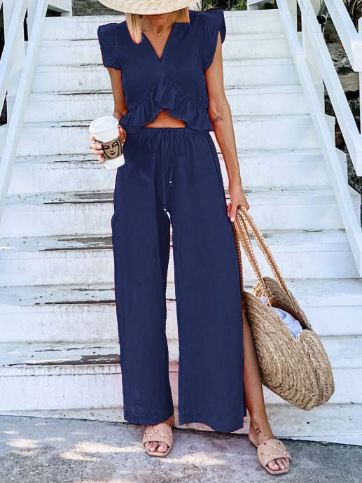 Women's Sets V-Neck Ruffled Top & Wide Leg Pants Two-Piece Set - Sets - Instastyled | Online Fashion Free Shipping Clothing, Dresses, Tops, Shoes - 10/02/2022 - 40-50 - Bottoms