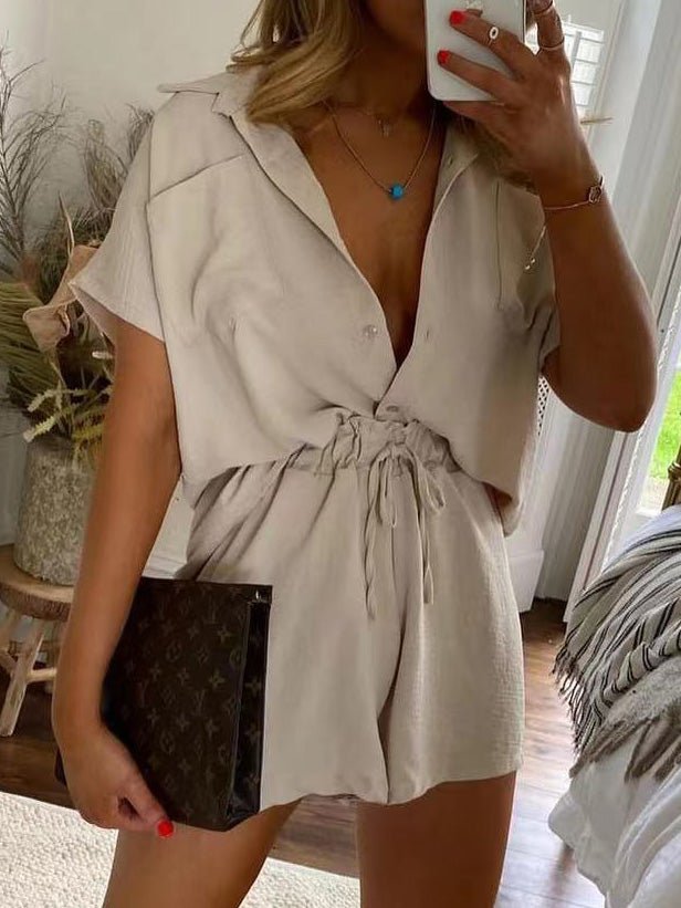 Women's Sets V-Neck Short Sleeve Shirt & Lace Up Shorts Two Piece Set - Sets - Instastyled | Online Fashion Free Shipping Clothing, Dresses, Tops, Shoes - 21/07/2022 - 30-40 - bottoms