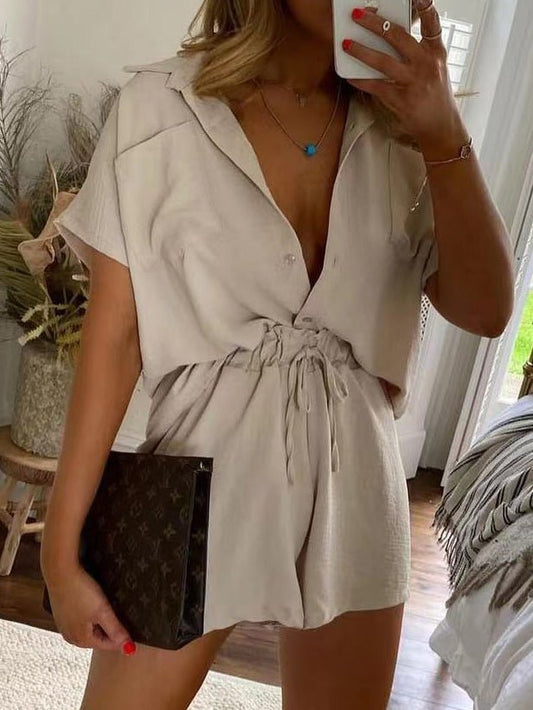 Women's Sets V-Neck Short Sleeve Shirt & Lace Up Shorts Two Piece Set - Sets - Instastyled | Online Fashion Free Shipping Clothing, Dresses, Tops, Shoes - 21/07/2022 - 30-40 - bottoms