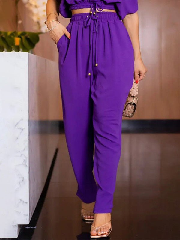 Women's Sets V-Neck Short Sleeve Top & Casual Pants Two-Piece Set - Sets - Instastyled | Online Fashion Free Shipping Clothing, Dresses, Tops, Shoes - 24/06/2022 - Bottoms - Color_Purple