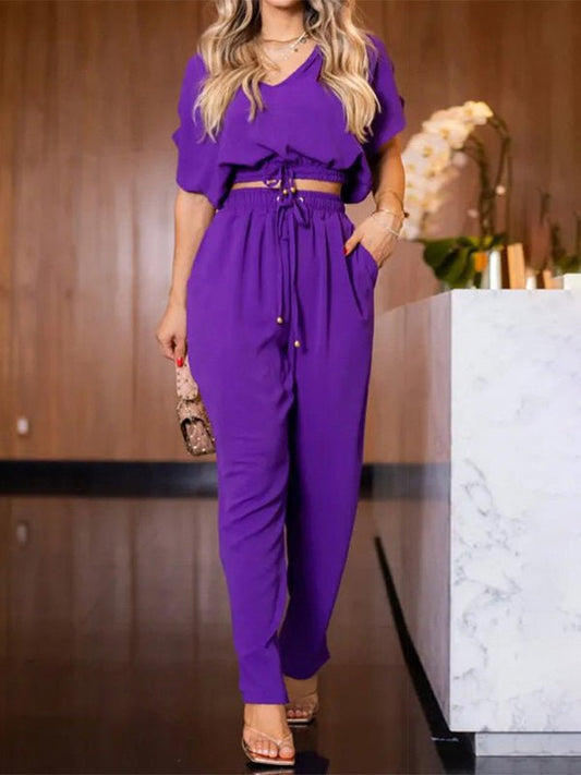 Women's Sets V-Neck Short Sleeve Top & Casual Pants Two-Piece Set - Sets - Instastyled | Online Fashion Free Shipping Clothing, Dresses, Tops, Shoes - 24/06/2022 - Bottoms - Color_Purple