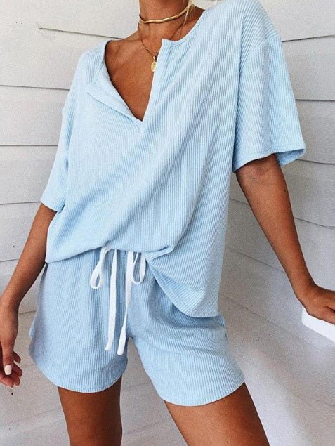 Women's Sets V-Neck Short Sleeve Top & Shorts Two Piece Set - Sets - Instastyled | Online Fashion Free Shipping Clothing, Dresses, Tops, Shoes - 30-40 - 31/05/2022 - Bottoms