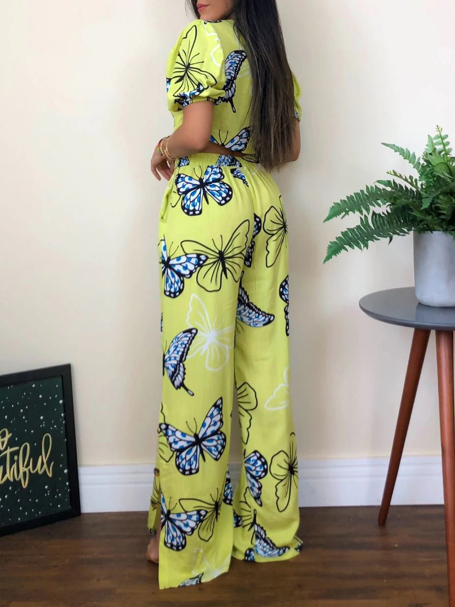 Women's Sets V-Neck Tie Short-Sleeve Shirt & Slit Wide-Leg Pants Two-Piece Set - Sets - Instastyled | Online Fashion Free Shipping Clothing, Dresses, Tops, Shoes - 24/04/2022 - Bottoms - Color_Green