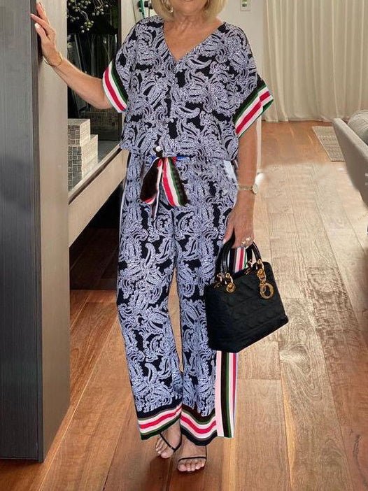 Women's Sets Vintage Stripe Print Top & Lace-Up Trousers Two-Piece Set - Sets - Instastyled | Online Fashion Free Shipping Clothing, Dresses, Tops, Shoes - 01/07/2022 - 40-50 - Bottoms