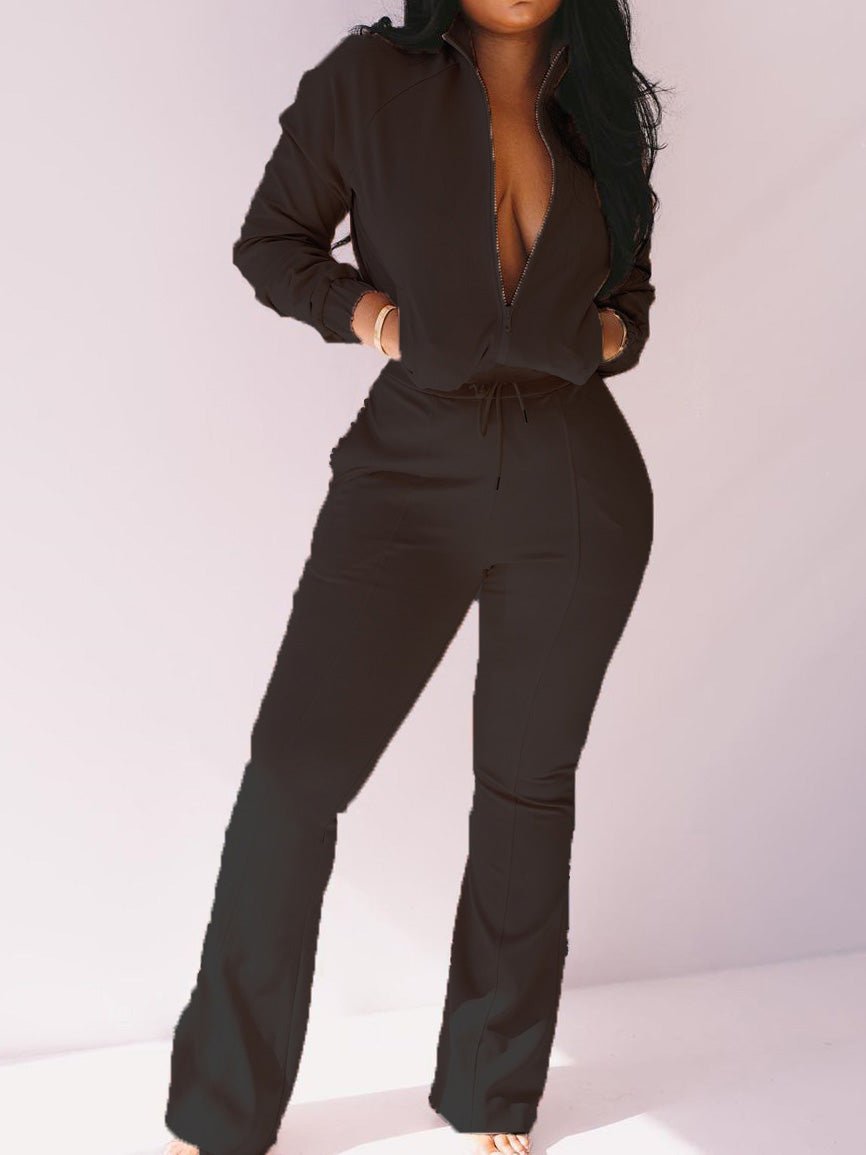 Women's Sets Zipped Pocket Jacket & Flared Pants Two-Piece Set - Sets - Instastyled | Online Fashion Free Shipping Clothing, Dresses, Tops, Shoes - 06/09/2022 - Bottoms - Color_Black