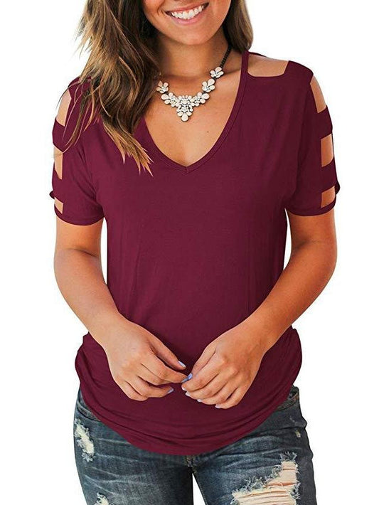 Women's Short Sleeve Cut Out Cold Shoulder Tops Deep V Neck T Shirts - T-Shirts - INS | Online Fashion Free Shipping Clothing, Dresses, Tops, Shoes - 16/03/2021 - 2XL - Black