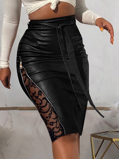 Women's Skirts Lace Stitching Zipper Belted Leather Skirt - Skirts - Instastyled | Online Fashion Free Shipping Clothing, Dresses, Tops, Shoes - 23/12/2021 - 30-40 - Bottoms