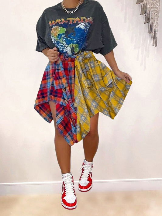 Women's Skirts Plaid Contrast Shirt Irregular Skirt - Skirts - Instastyled | Online Fashion Free Shipping Clothing, Dresses, Tops, Shoes - 12/05/2022 - Bottoms - Color_Black