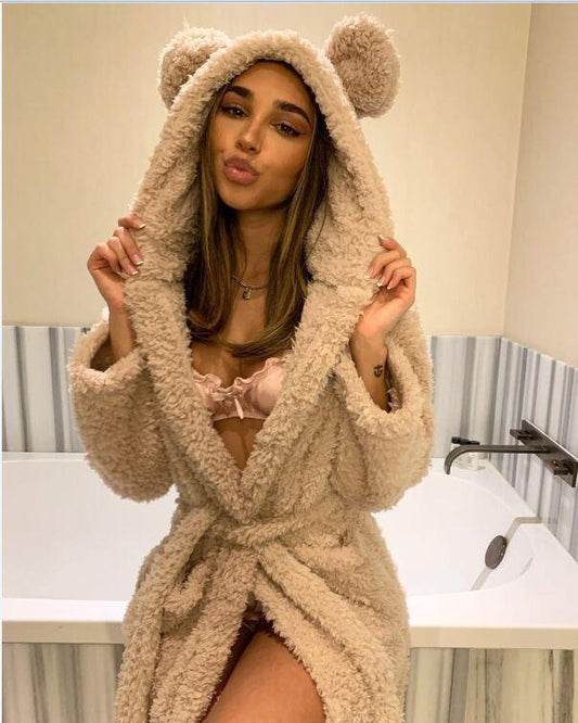 Womens Soft Cute Warm Long Fleece Plush Robe with Hood - Robes - INS | Online Fashion Free Shipping Clothing, Dresses, Tops, Shoes - 03/03/2021 - Color_Pink - Khkai