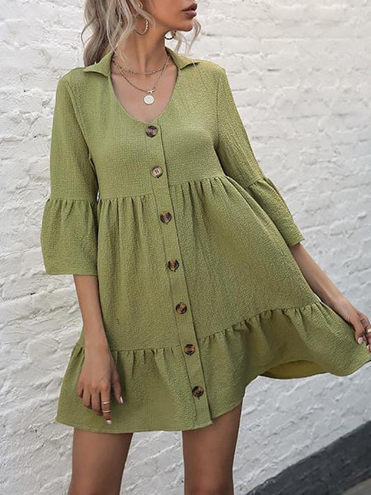 Women's Solid Color Pleated Breasted Dress - Midi Dresses - INS | Online Fashion Free Shipping Clothing, Dresses, Tops, Shoes - 22/03/2021 - AMZ - Autumn