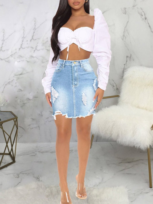 Women's Stretchy High Waist Butt-Lifting Bodycon Ripped Denim Skirt - Skirts - INS | Online Fashion Free Shipping Clothing, Dresses, Tops, Shoes - 10/05/2021 - Color_ Blue - Color_Dark Blue