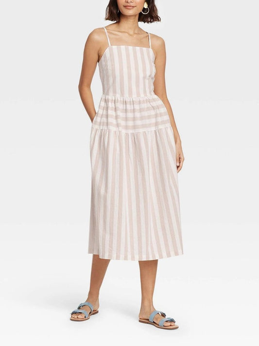 Women's Striped Tiered Suspend Dress - Midi Dresses - INS | Online Fashion Free Shipping Clothing, Dresses, Tops, Shoes - 15/04/2021 - Color_Cream - Daily