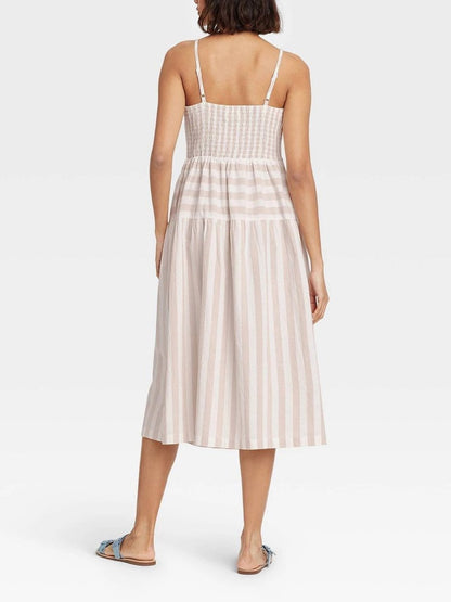 Women's Striped Tiered Suspend Dress - Midi Dresses - INS | Online Fashion Free Shipping Clothing, Dresses, Tops, Shoes - 15/04/2021 - Color_Cream - Daily