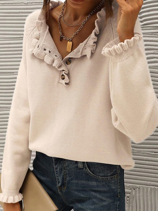 Women's Sweaters Casual Button Ruffle Long Sleeve Sweater - Sweaters - Instastyled | Online Fashion Free Shipping Clothing, Dresses, Tops, Shoes - 25/08/2022 - 40-50 - cardigans-sweaters