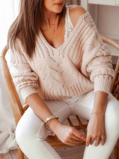 Women's Sweaters Casual V-Neck Off-The-Shoulder Knitted Sweater - Cardigans & Sweaters - INS | Online Fashion Free Shipping Clothing, Dresses, Tops, Shoes - 09/09/2021 - 30-40 - Cardigans & Sweaters