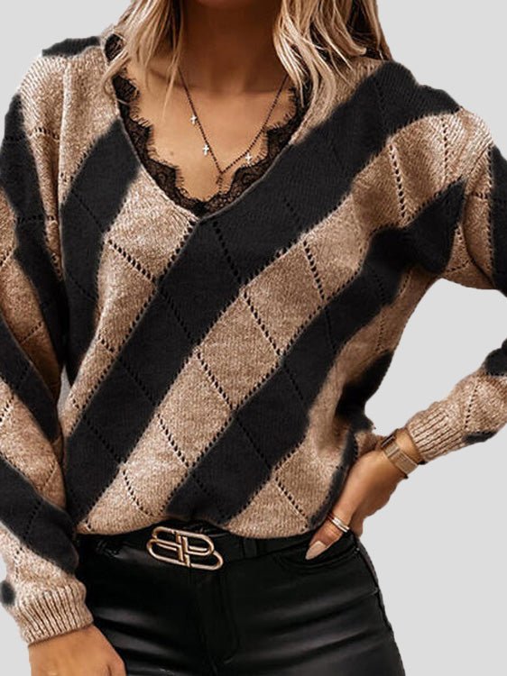 Women's Sweaters Colorblock Lace V-Neck Long Sleeve Sweater - MsDressly