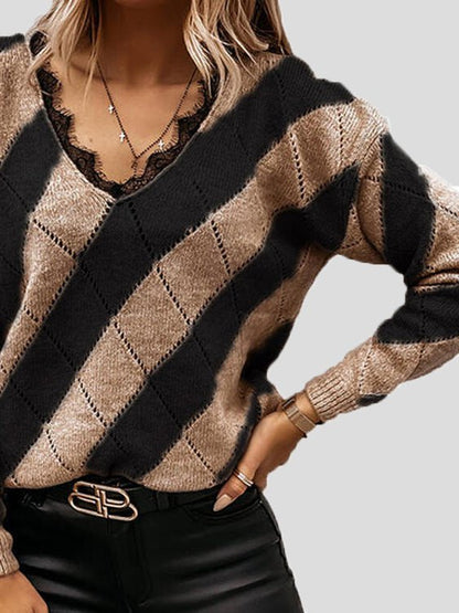 Women's Sweaters Colorblock Lace V-Neck Long Sleeve Sweater - MsDressly