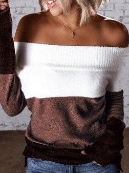 Women's Sweaters Colorblock Long Sleeve Boat Neck Off-Shoulder Sweater - Cardigans & Sweaters - INS | Online Fashion Free Shipping Clothing, Dresses, Tops, Shoes - 20-30 - 28/09/2021 - Cardigans & Sweaters