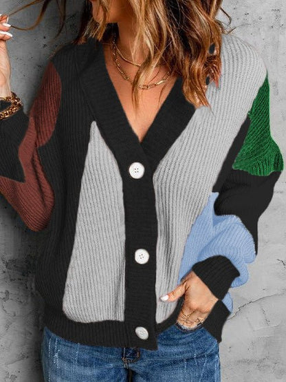 Women's Sweaters Colorblock V-Neck Button Long Sleeve Sweater - Sweaters - Instastyled | Online Fashion Free Shipping Clothing, Dresses, Tops, Shoes - 26/09/2022 - Color_Apricot - Color_Black
