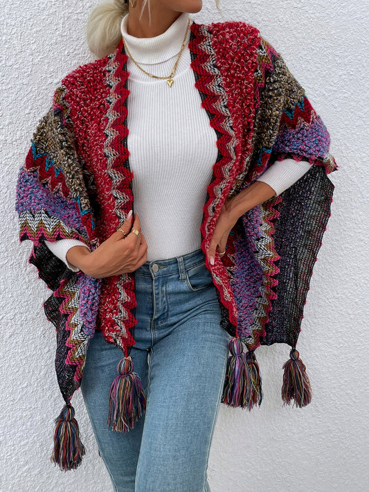 Women's Sweaters Contrast Fringe Shawl Sweater Cape - Sweaters - Instastyled | Online Fashion Free Shipping Clothing, Dresses, Tops, Shoes - 27/08/2022 - 30-40 - cardigans-sweaters