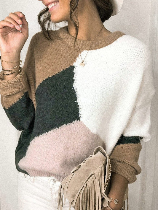 Women's Sweaters Crew Neck Contrast Casual Knit Sweater - Sweaters - Instastyled | Online Fashion Free Shipping Clothing, Dresses, Tops, Shoes - 25/08/2022 - 30-40 - cardigans-sweaters