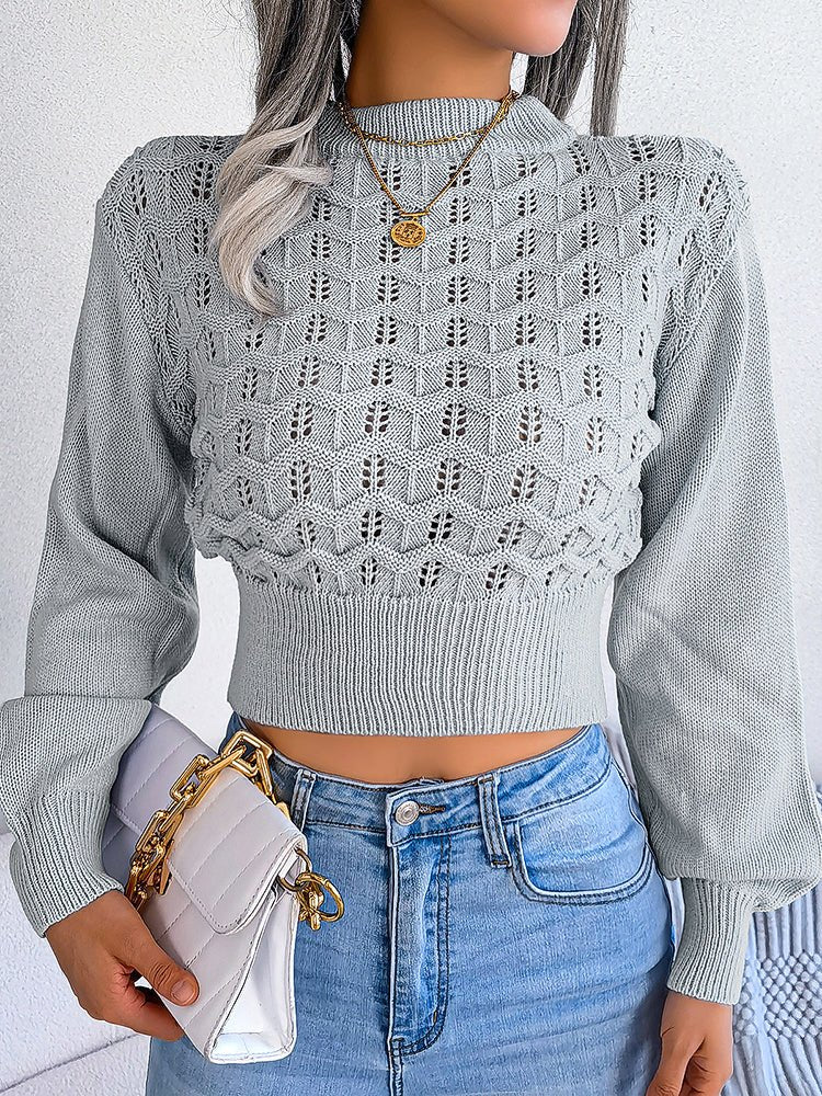 Sweaters - Cutout Striped Balloon Sleeve Cropped Knit Sweater - MsDressly