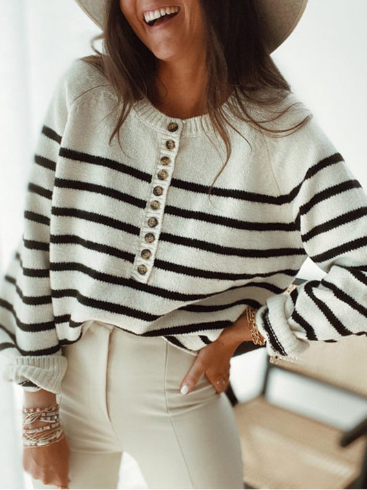 Women's Sweaters Fashion Striped Round Neck Button Sweater - Cardigans & Sweaters - INS | Online Fashion Free Shipping Clothing, Dresses, Tops, Shoes - 03/11/2021 - 30-40 - Cardigans & Sweaters