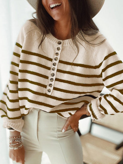 Women's Sweaters Fashion Striped Round Neck Button Sweater - Cardigans & Sweaters - INS | Online Fashion Free Shipping Clothing, Dresses, Tops, Shoes - 03/11/2021 - 30-40 - Cardigans & Sweaters
