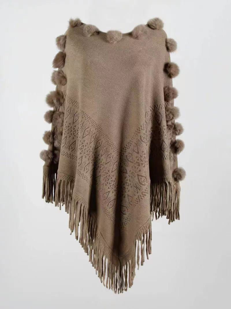 Women's Sweaters Furball Fringed Shawl Pullover Knit Sweater - Sweaters - Instastyled | Online Fashion Free Shipping Clothing, Dresses, Tops, Shoes - 26/09/2022 - Color_Beige - Color_Black