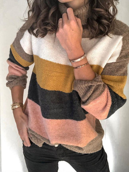 Women's Sweaters High Neck Stitching Striped Knitted Sweater - Cardigans & Sweaters - INS | Online Fashion Free Shipping Clothing, Dresses, Tops, Shoes - 08/09/2021 - 20-30 - Cardigans & Sweaters
