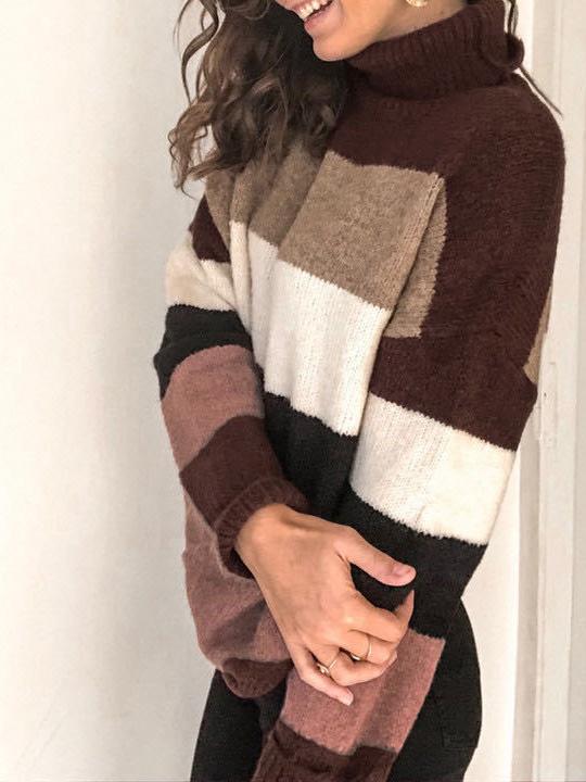 Women's Sweaters High Neck Stitching Striped Knitted Sweater - Cardigans & Sweaters - INS | Online Fashion Free Shipping Clothing, Dresses, Tops, Shoes - 08/09/2021 - 20-30 - Cardigans & Sweaters