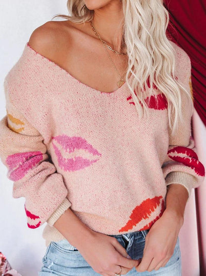 Women's Sweaters KISS Lip Print V-Neck Pullover Sweater - Cardigans & Sweaters - INS | Online Fashion Free Shipping Clothing, Dresses, Tops, Shoes - 09/08/2021 - 40-50 - Cardigans & Sweaters
