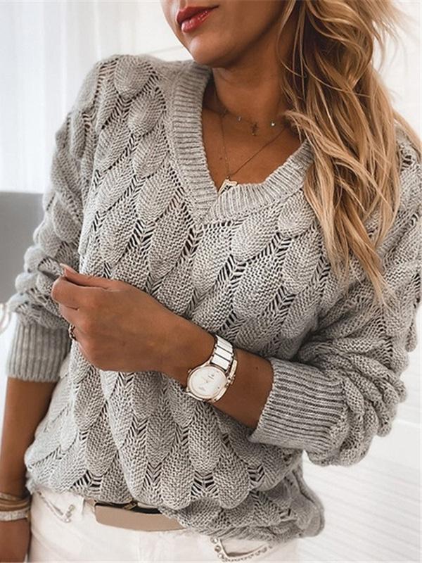 Women's Sweaters Knitted Feather Hollow V-Neck Long Sleeve Sweater - Cardigans & Sweaters - INS | Online Fashion Free Shipping Clothing, Dresses, Tops, Shoes - 06/09/2021 - 30-40 - Cardigans & Sweaters