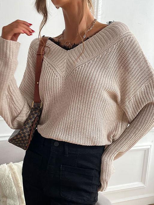 Women's Sweaters Lace Stitching V-Neck Long Sleeve Sweater - Cardigans & Sweaters - INS | Online Fashion Free Shipping Clothing, Dresses, Tops, Shoes - 08/11/2021 - 30-40 - C