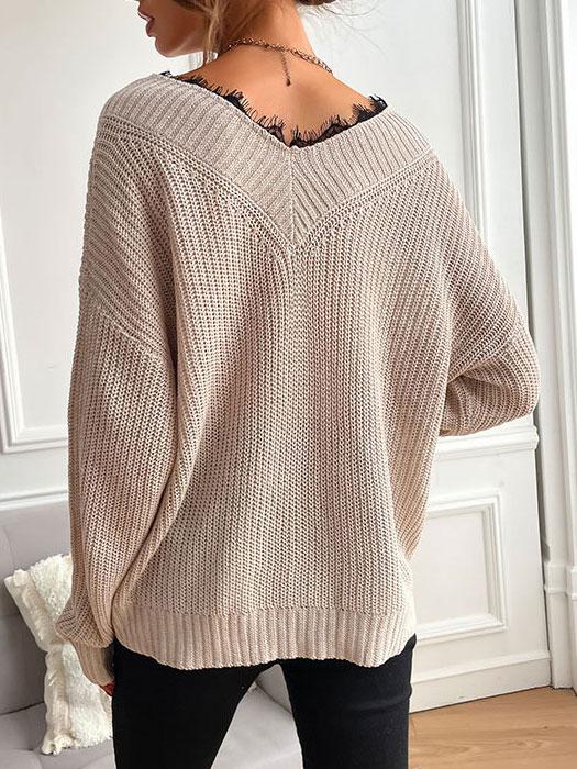 Women's Sweaters Lace Stitching V-Neck Long Sleeve Sweater - Cardigans & Sweaters - INS | Online Fashion Free Shipping Clothing, Dresses, Tops, Shoes - 08/11/2021 - 30-40 - C
