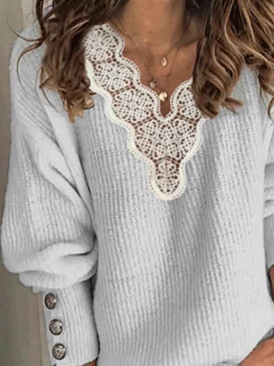 Women's Sweaters Lace V-Neck Loose Long Sleeve Sweater - Cardigans & Sweaters - INS | Online Fashion Free Shipping Clothing, Dresses, Tops, Shoes - 20-30 - 20/08/2021 - Cardigans & Sweaters