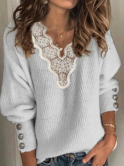 Women's Sweaters Lace V-Neck Loose Long Sleeve Sweater - Cardigans & Sweaters - INS | Online Fashion Free Shipping Clothing, Dresses, Tops, Shoes - 20-30 - 20/08/2021 - Cardigans & Sweaters