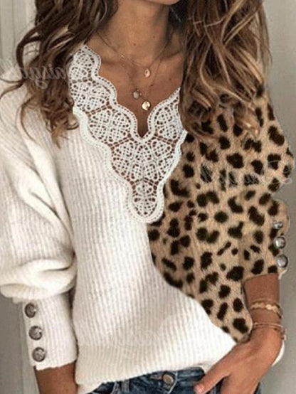 Women's Sweaters Leopard Lace V-Neck Long Sleeve Sweater - Cardigans & Sweaters - INS | Online Fashion Free Shipping Clothing, Dresses, Tops, Shoes - 13/10/2021 - 20-30 - Cardigans & Sweaters