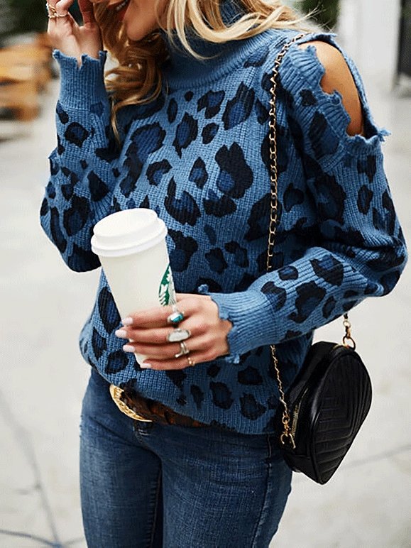 Women's Sweaters Leopard Print High Neck Long Sleeve Off-Shoulder Knitted Sweater - MsDressly