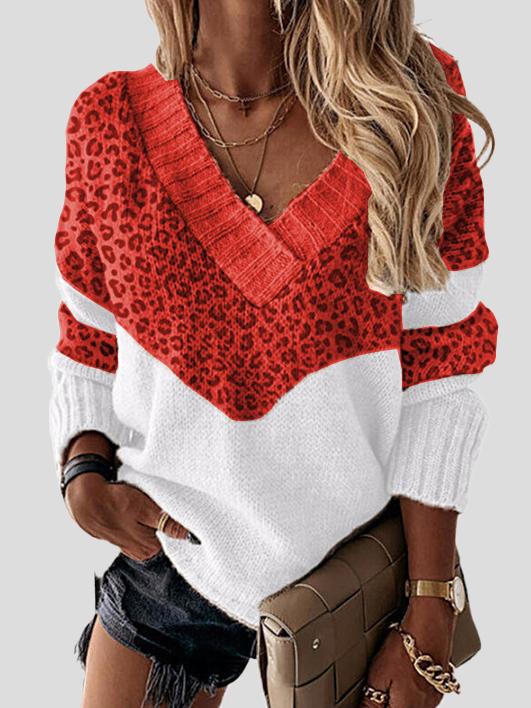 Women's Sweaters Leopard Print Stitching V-Neck Long Sleeve Sweater - Cardigans & Sweaters - INS | Online Fashion Free Shipping Clothing, Dresses, Tops, Shoes - 18/10/2021 - 30-40 - Cardigans & Sweaters