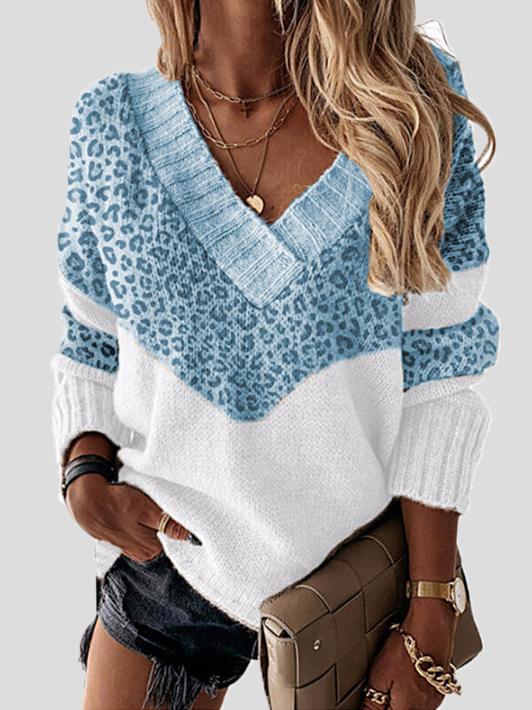Women's Sweaters Leopard Print Stitching V-Neck Long Sleeve Sweater - Cardigans & Sweaters - INS | Online Fashion Free Shipping Clothing, Dresses, Tops, Shoes - 18/10/2021 - 30-40 - Cardigans & Sweaters