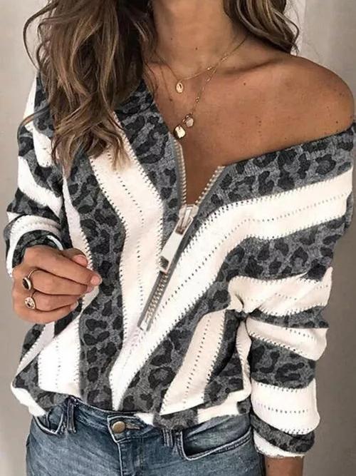 Women's Sweaters Leopard Print V-Neck Zip Long Sleeve Sweater - Cardigans & Sweaters - INS | Online Fashion Free Shipping Clothing, Dresses, Tops, Shoes - 20-30 - 22/10/2021 - Cardigans & Sweaters