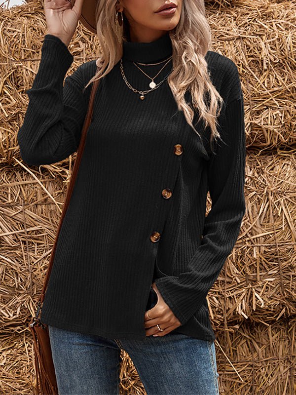 Sweaters - Long Sleeve Asymmetric Button Split High Neck Sweater - MsDressly