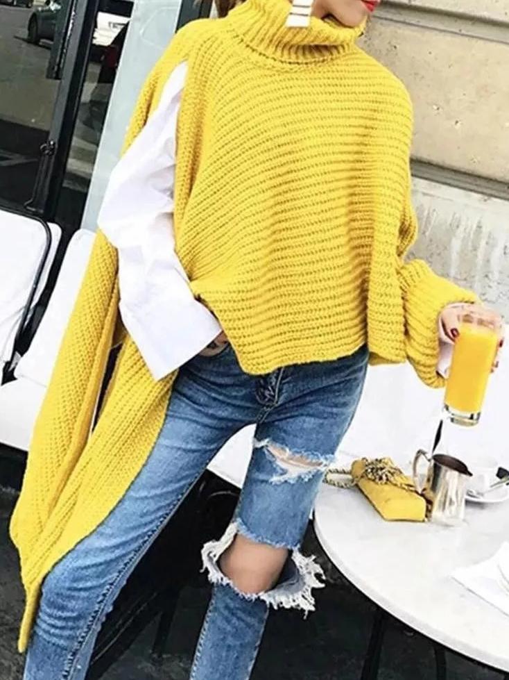 Women's Sweaters Loose Long Sleeve Turtleneck Irregular Split Sweater - Cardigans & Sweaters - INS | Online Fashion Free Shipping Clothing, Dresses, Tops, Shoes - 06/11/2021 - 40-50 - Cardigans & Sweaters