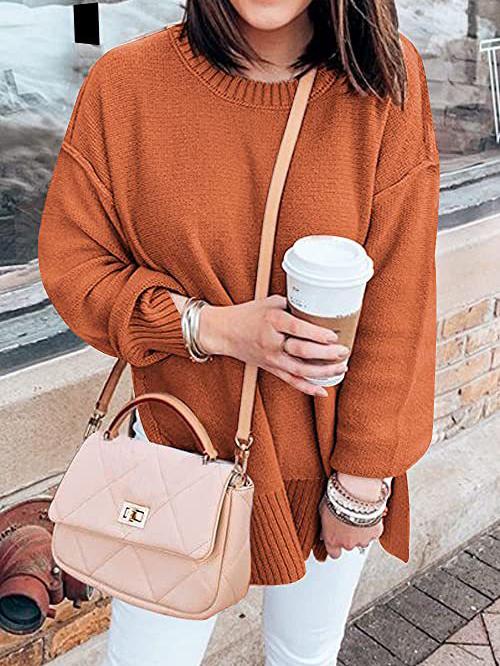 Women's Sweaters Loose Round Neck Long Sleeve Side Slit Sweater - Cardigans & Sweaters - INS | Online Fashion Free Shipping Clothing, Dresses, Tops, Shoes - 06/11/2021 - 30-40 - Cardigans & Sweaters