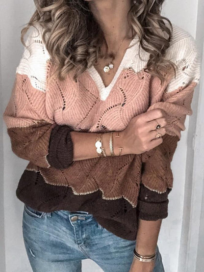 Women's Sweaters Multicolor Stitching V-Neck Hollow Sweater - Cardigans & Sweaters - INS | Online Fashion Free Shipping Clothing, Dresses, Tops, Shoes - 12/11/2021 - 30-40 - Cardigans & Sweaters