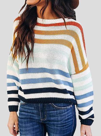 Women's Sweaters Multicolor Striped Round Neck Knitted Sweater - Cardigans & Sweaters - INS | Online Fashion Free Shipping Clothing, Dresses, Tops, Shoes - 04/09/2021 - 30-40 - Cardigans & Sweaters