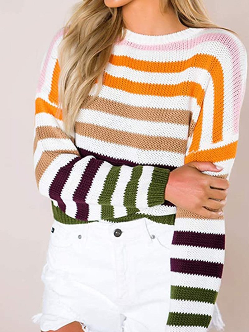 Women's Sweaters Multicolor Striped Round Neck Knitted Sweater - Cardigans & Sweaters - INS | Online Fashion Free Shipping Clothing, Dresses, Tops, Shoes - 04/09/2021 - 30-40 - Cardigans & Sweaters