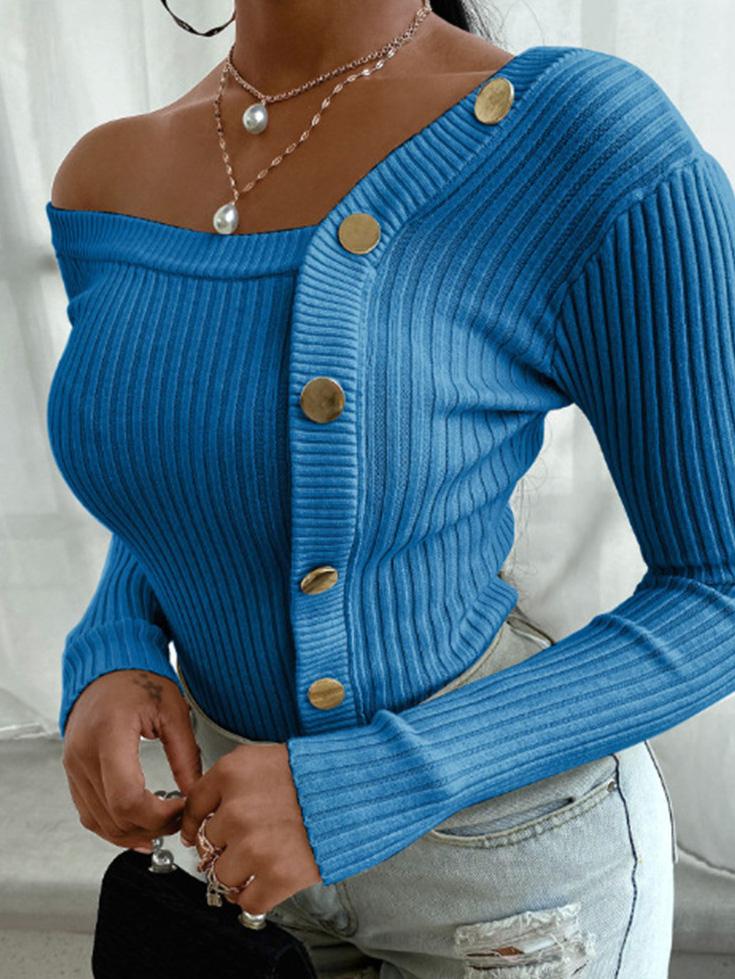Women's Sweaters Off-The-Shoulder Stitching Button Sweaters - Cardigans & Sweaters - INS | Online Fashion Free Shipping Clothing, Dresses, Tops, Shoes - 20-30 - 21/08/2021 - Cardigans & Sweaters