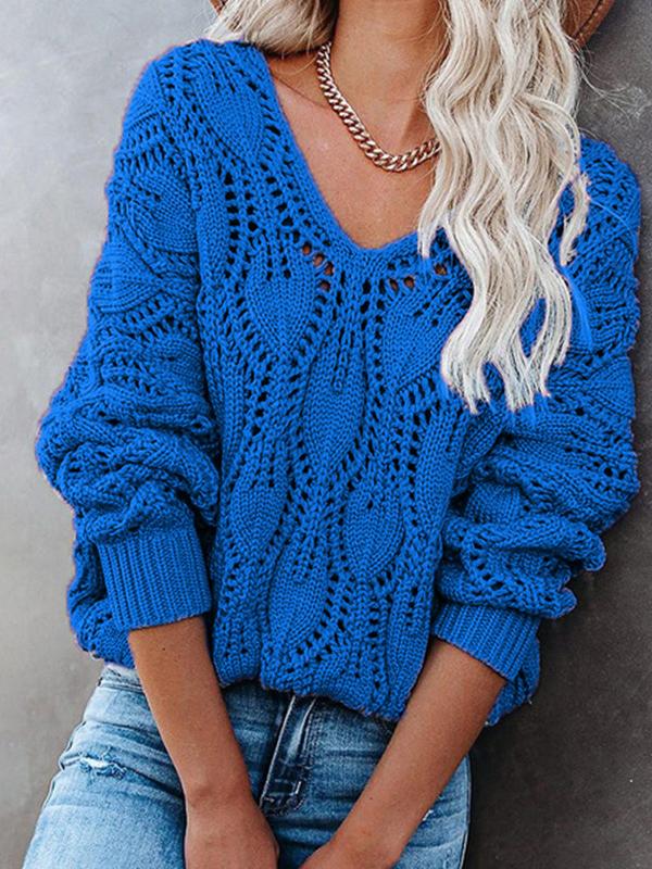 Women's Sweaters Pure Hollow V-Neck Knit Long Sleeve Sweater - Cardigans & Sweaters - INS | Online Fashion Free Shipping Clothing, Dresses, Tops, Shoes - 08/10/2021 - 30-40 - Cardigans & Sweaters